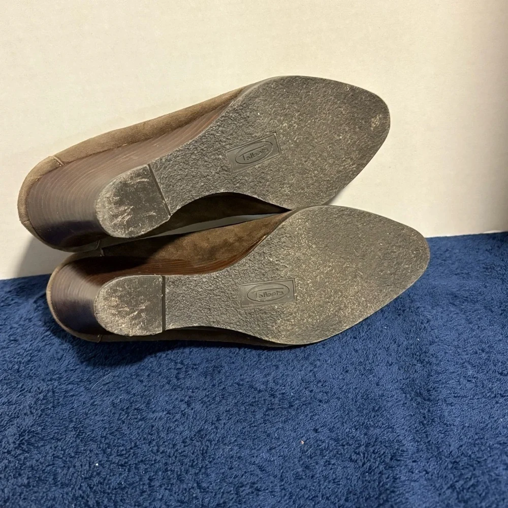 Talbots Brown Suede Wedge Heel Loafer Brass Horse Bit Buckle Womens 7.5B 7.5